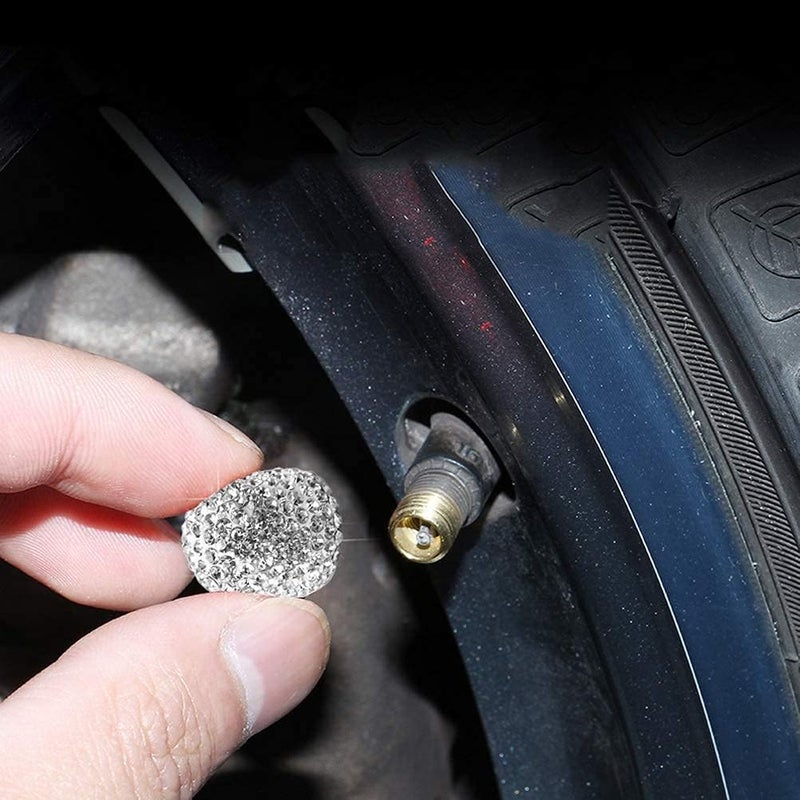 SUMAJU 4 Pack Bling Valve Stem Caps, Sparkling White Handmade Crystal Rhinestone Car Tire Valve Caps Bling Car Stem Covers Xmas Decor Chrome Attractive Dustproof - Image 4